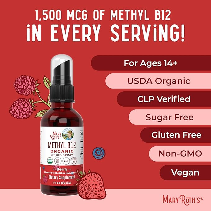 MaryRuth Organics Vitamin B12 Liquid Spray | Vegan, Non-GMO, Gluten-Free | USDA Organic Supplement | Energy & Nervous System Support | B12 Vitamins for Women & Men | 1,500 mcg | 1 Fl Oz