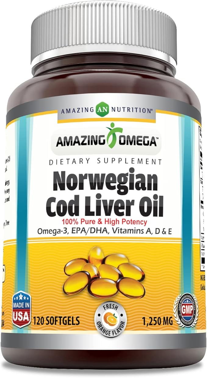 Amazing Omega Norwegian Cod Liver Oil 1250 mg 120 Softgels Supplement (Fresh Orange Flavor)