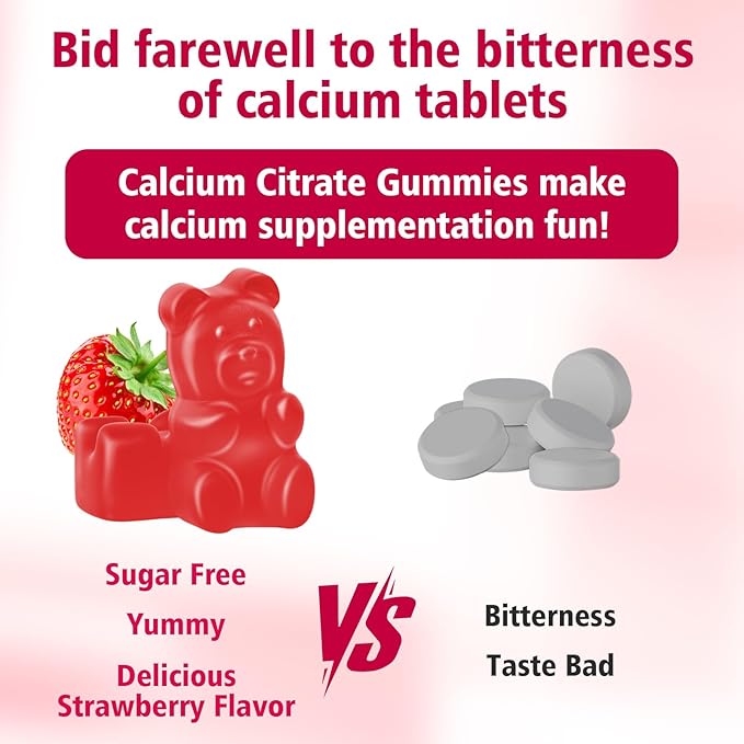 2 Packs High Absorption Calcium Citrate Gummies 1200mg - Bone & Teeth Support for Adults & Kids, Vegan Sugar-Free Gummies, Raspberry Flavor, 120 Count