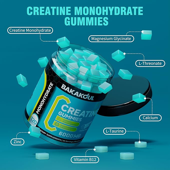 Creatine Monohydrate Gummies for Men & Women - 120 Sugar Free Gummies with Magnesium Glycinate, L-Threonate, L-Taurine + Vitamin B12 for Muscle Support, Energy Boost, 1 Pack