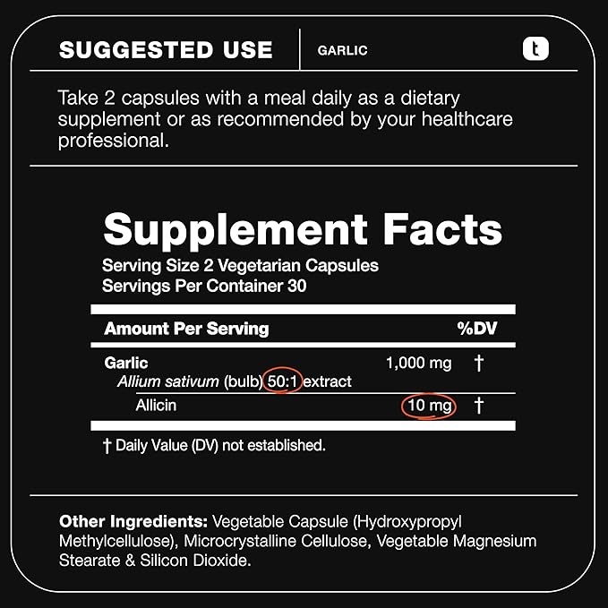 Garlic Capsules with 10,000mcg Allicin - Odorless - 50:1 Extract for Maximum Potency - Third-Party Lab Tested - 60 Vegetarian Capsules