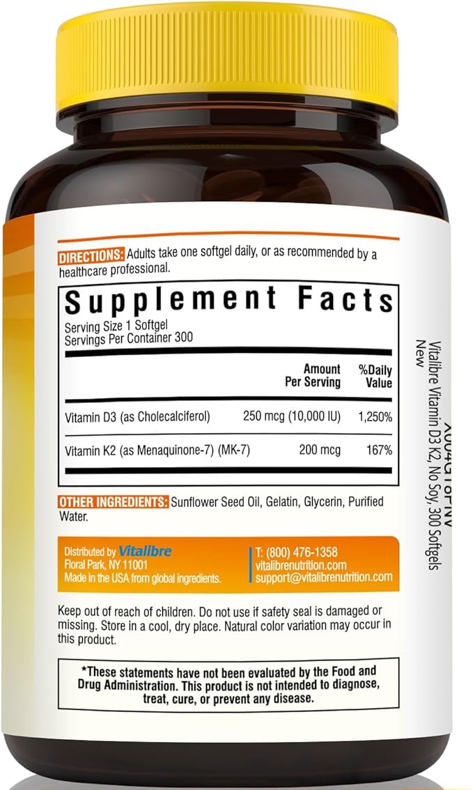 Vitamin D3 K2 Supplement, 10000 IU D3 / 200 mcg K2 MK7, Calcium Absorption, Bone, Heart, Immune & Muscle Support, Enhanced Absorption, No Soy, Easy to Swallow, 300 Softgels