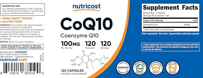 Nutricost CoQ10 100mg, 120 Vegetarian Capsules, 120 Servings - High Absorption, Vegetarian, Non-GMO, Coenzyme Q10