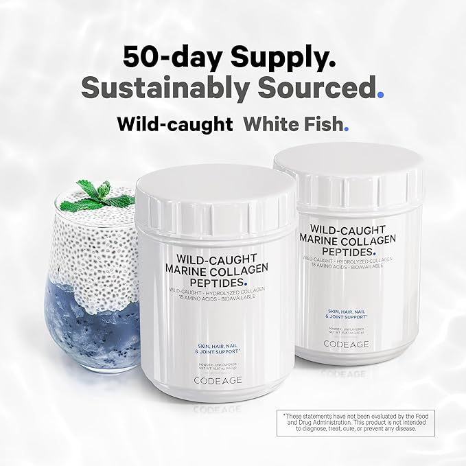 Codeage Marine Collagen Powder - Wild-Caught Hydrolyzed Fish Collagen Peptides - Type 1 & 3 Collagen Protein Supplement - Amino Acids for Skin, Hair, Nails - Paleo Friendly, Non-GMO, 15.87 Ounces