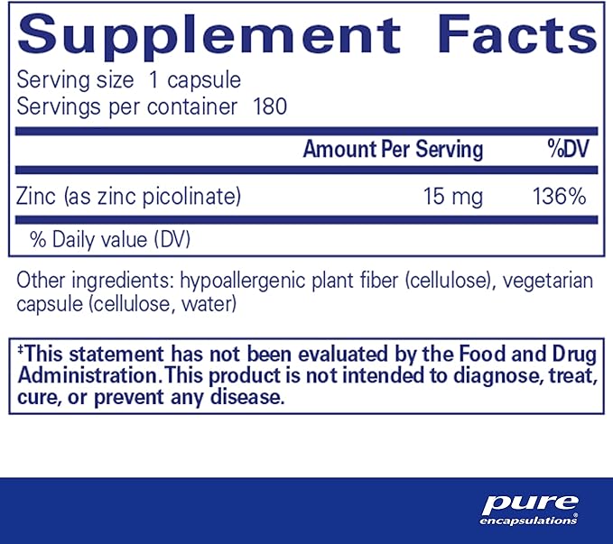 Pure Encapsulations Zinc 15 mg - Zinc Picolinate Supplement for Immune System Support, Growth & Development - for Wound Healing - 180 Capsules
