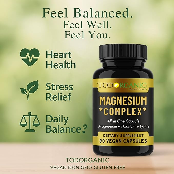 Todorganic Magnesium Citrate, Potassium Citrate and Lysine for Enhanced Leg Cramp Relief and Restful Sleep | Vegan Potassium Magnesium Supplement | 90 Capsules with High-Absorption