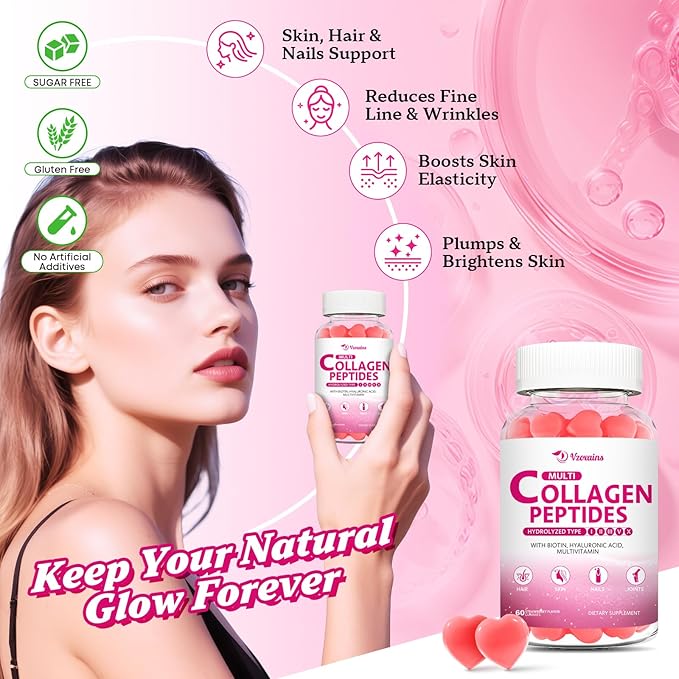 Collagen Peptides Gummies 5000MG, Collagen Gummies for Women & Men, Type I,II,III,V,X Protein with Biotin, Hyaluronic Acid, Vitamin C for Healthy Skin | Strawberry Flavored, Sugar Free, 120 Cts