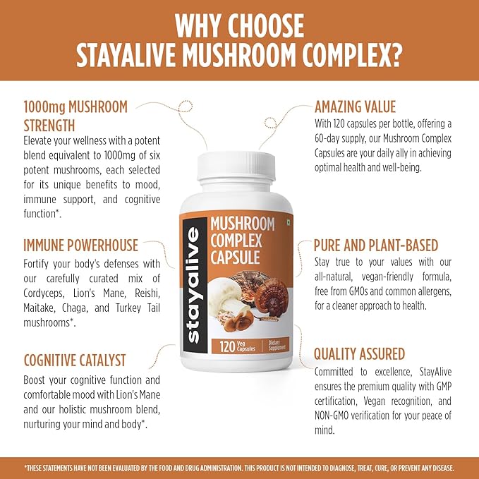 STAY ALIVE Mushroom Complex 1000mg, 6-in-1 Mushroom Supplement w/Lions Mane, Reishi, Chaga, Cordyceps, Maitake and Turkey Tail Extract Powder, 120 Vegan Pills, Non-GMO & Gluten Free Herbal Capsules