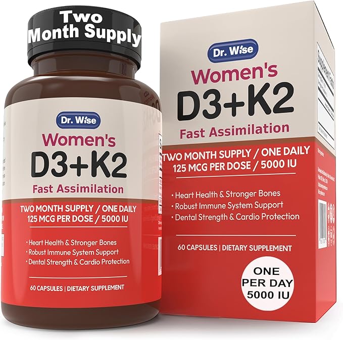 Dr. Wise Vitamin D3 5000 IU + K2 MK-7 - Women’s Supplement for Bone Strength, Heart Health, Immune Support & Radiant Skin - 60 Capsules - High Absorption - 2 Month Supply