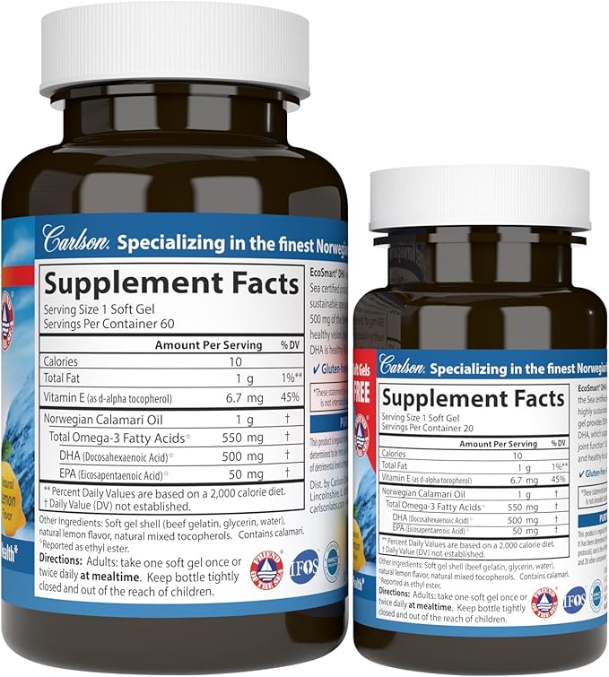 Carlson - EcoSmart DHA, 500 mg DHA, Sustainable Source, Healthy Vision & Brain Function, Lemon, 60+20 Softgels
