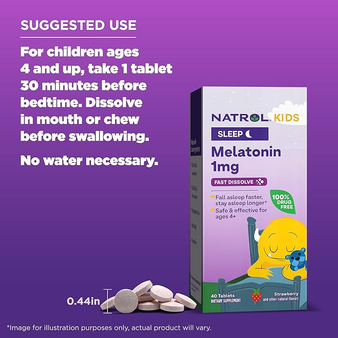 Natrol Kids Fast Dissolve Melatonin 1 mg, Dietary Supplement for Restful Sleep, Sleep Tablets for Kids, 40 Strawberry-Flavored Melatonin Tablets, 40 Day Supply