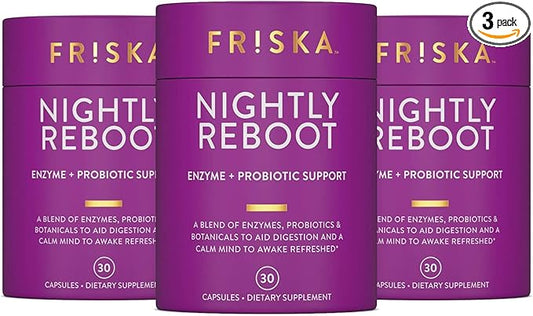 FRISKA Nightly Reboot Enzyme and Probiotics Supplement, Promotes Better Digestion and Sleep, Supports Gut Health for Men and Women, Melatonin, Chamomile, 90 Capsules