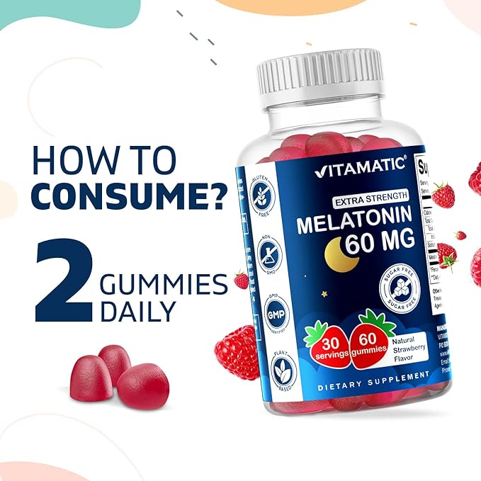 Vitamatic Sugar Free Melatonin 60 mg - 60 Vegetarian Gummies - Non-Habit Forming Supplement