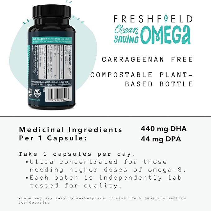 Ocean Saving Omega 3, Fish Oil Replacement, 6-Month Supply, Sustainably Sourced, Highest Levels of DHA per Capsule (440 mg), Algae Oil, w/DPA (180 Count (Pack of 1))