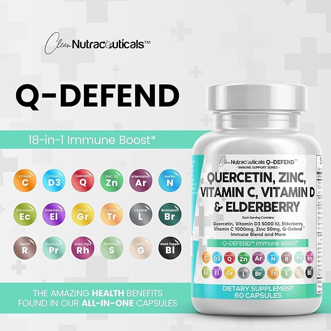 Clean Nutraceuticals Quercetin Zinc Vitamin C Vitamin D Bromelain Elderberry - Immune Defense Support Supplement Adults w Artemisinin, Sea Moss, Echinacea, Garlic Allergy Relief (5pack)