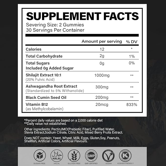 Sugar Free Shilajit Gummies 1000mg – Pure Shilajit Supplement for Men & Women – 85+ Trace Minerals & Fulvic Acid with Ashwagandha- Energy, Brain, Immunity –Mixed Berry Flavor,60 Gummies