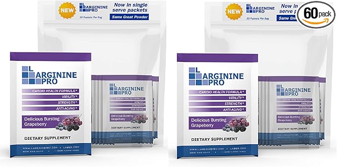 L-ARGININE PRO Supplement Powder | 60 Packets Single Serve Travel Size | 5,500mg of L-arginine Plus 1,100mg L-Citrulline, Grape