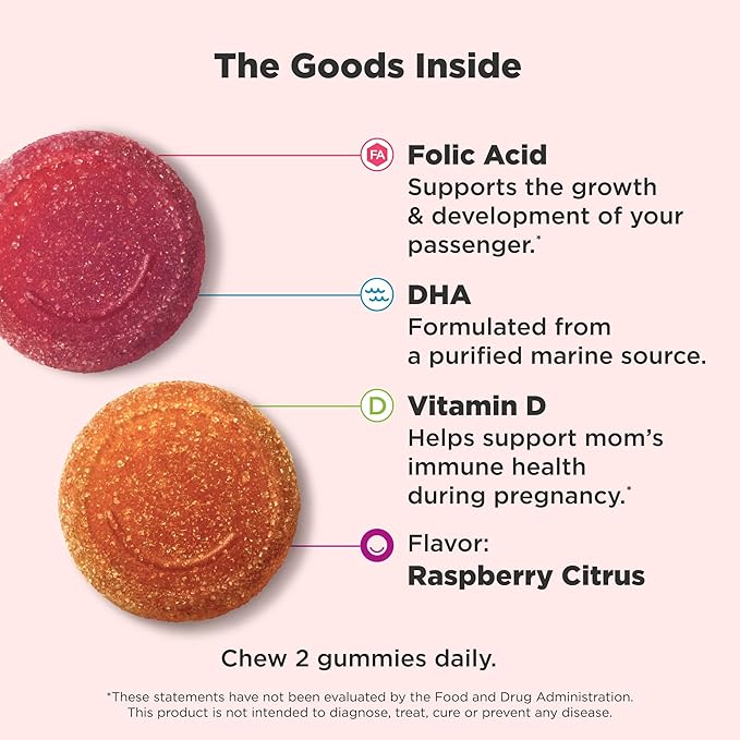 OLLY Prenatal Multivitamin Gummy, Supports Healthy Growth and Brain Development, Folic Acid, Vitamin D, Omega 3 DHA, Chewable Supplement, Citrus Berry Flavor, 30 Day Supply - 60 Count