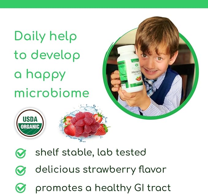 Organic Probiotic Gummies, 5 Billion CFU per Serving, 60 Count, Vegan, Supports Digestive Health and Immune Defense, for Women and Children; Strawberry Flavor