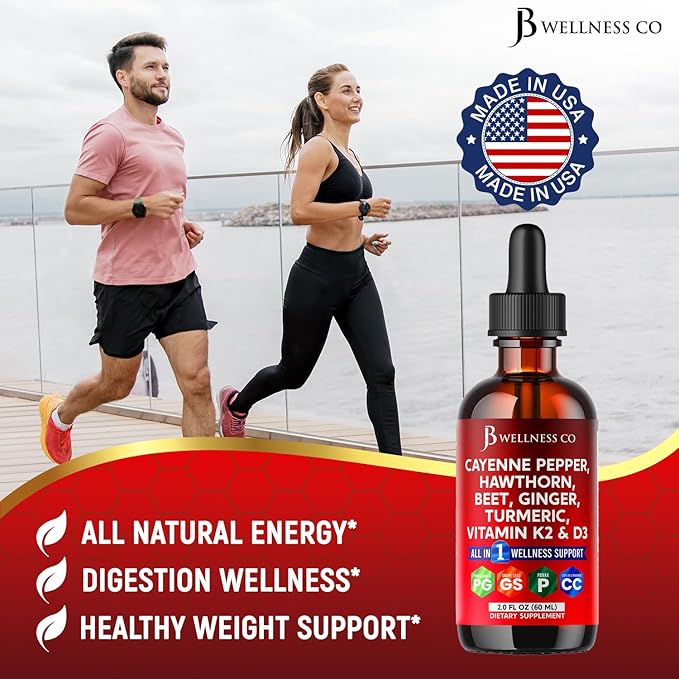 Cayenne Pepper Supplement Liquid Drops + Hawthorn Berry, Vitamin D3 K2 Beet Root Powder, Ceylon Cinnamon, Turmeric Curcumin, Organic Panax Ginseng - 2oz