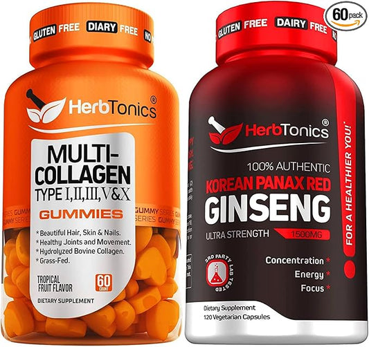 Herbtonics Multi Collagen Gummies Type 1,2,3,5 & 10 with Biotin for Hair Growth, Skin, Nails - Korean Red Panax Ginseng 1500mg - High Potency Ginseng for Energy, Performance & Immune Support for Men