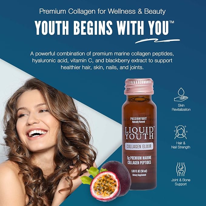 Liquid Collagen Elixir Shot for Women & Men - Premium Liquid Marine Collagen for Hair Growth, Skin, Nail, Bone & Joint Health - Travel-Friendly (Passion Fruit, 10 Servings Per Box)