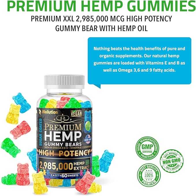 WELLUTION Sugar-Coated Hemp Gummies – High Potency 2,985,000 MCG – Natural Fruity Bears for Relaxation and Peace - Fast-Acting - 60ct