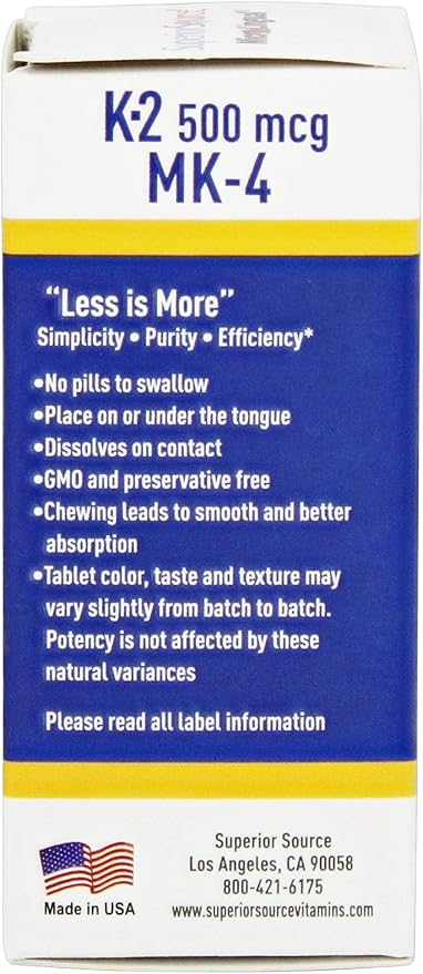 Superior Source Vitamin K2 500 mcg MK-4 - Bone Strength & Health Support Supplement - Vitamin K Supplement Aids Soft Tissue Health & Calcium Absorption - 60 Sublingual Dissolving Tablets