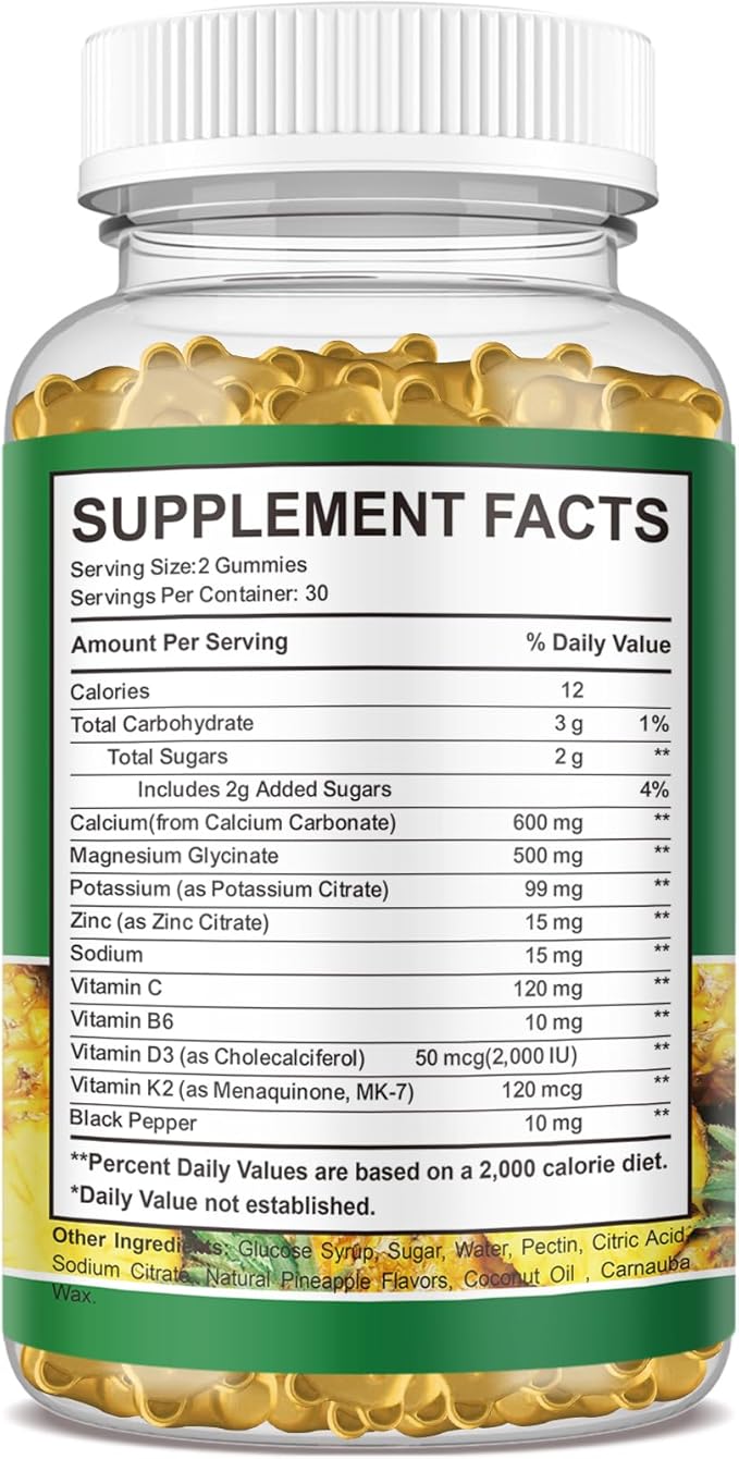 Calcium Magnesium Zinc Gummies with Vitamin D3, C, B6, K2, Potassium - Calcium for Kids & Adults - Magnesium Supplement Calm Gummies for Bone & Muscle & Immune Health, Pineapple Flavor - 60 Count