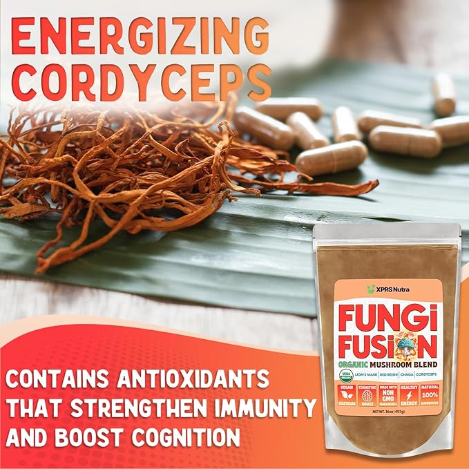 XPRS Nutra Fungi Fusion Organic Mushroom Powder Blend, Premium Blend of Lion's Mane, Reishi, Chaga, Cordyceps for Mental Clarity, Cognition, Energy and Immunity - 16 Ounce