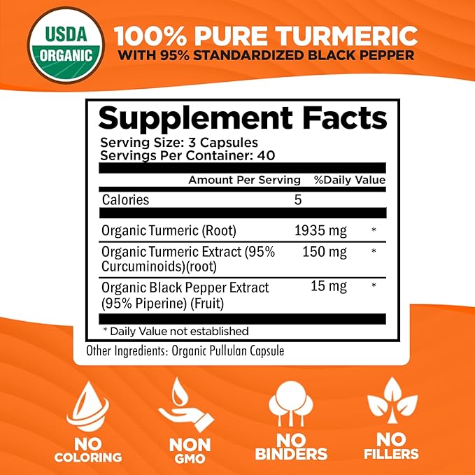 Organic Turmeric Curcumin with Black Pepper Extract 2000mg - High Absorption Ultra Potent Supplement - 95% Curcuminoids - Vegan, Non GMO for Joint Support - 120 Capsules