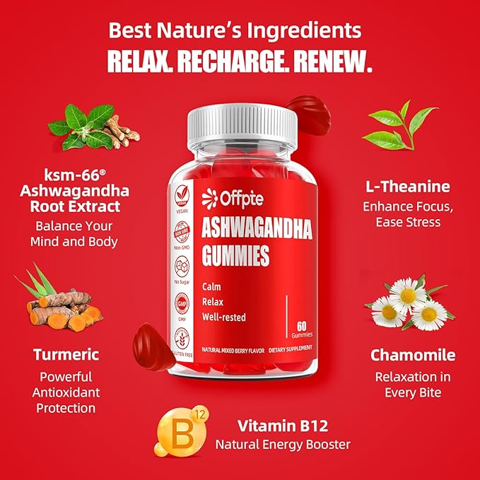 Ashwagandha Gummies for Women and Men, KSM-66 Ashwagandha Root Extract Supplement for Sleep aid, L-Theanine, GABA, Chamomile,Turmeric with Black Pepper(Natural Berry F)