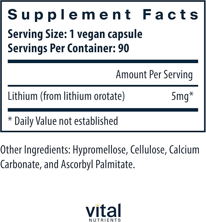 Vital Nutrients Lithium Orotate | Vegan Lithium Supplements for Memory, State of Mind, and Behavioral Health*| 5mg | Gluten, Dairy, Soy Free | 90 Capsules