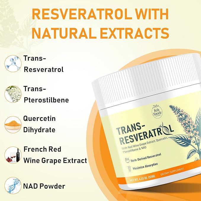 Trans-Resveratrol Powder Supplement with Red Wine Extract, Quercetin, Pterostilbene & NAD, 4.23 OZ, 30-Day Serving