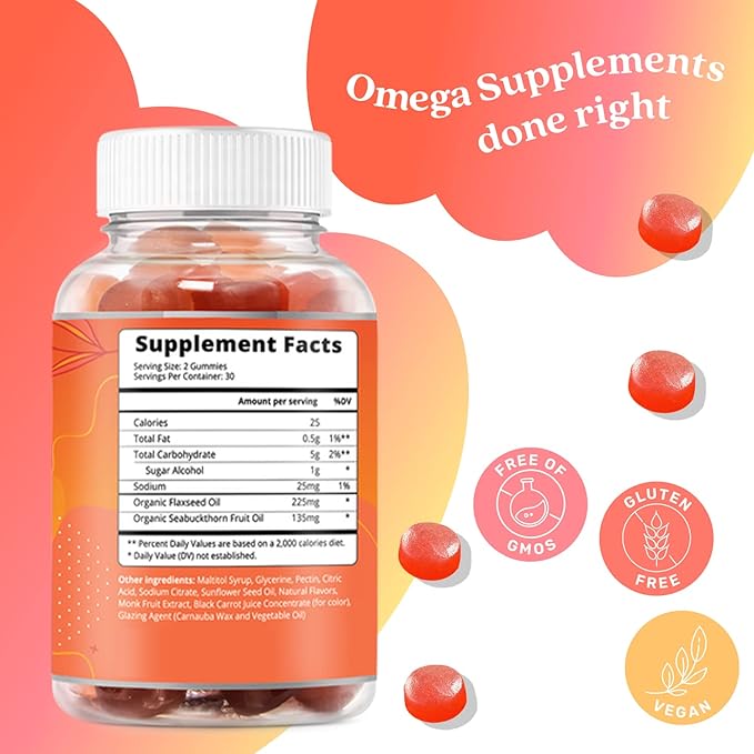BeLive Organic Omega 3 Gummies - Omega 3 6 9 7 DHA & EPA from Flaxseed Oil & Sea Buckthorn Fruit Oil, Vegan, for Kids & Adults, Full Body, Brain & Eye Support, Sugar Free – Peach | 2-Pack