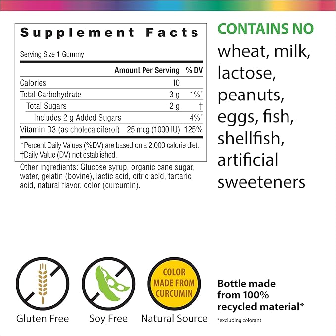 Rainbow Light - Sunny Gummies Vitamin D3 1000 IU, Support for Healthy Bones, Muscles, and Immunity in a Family-Friendly Chewable with Vitamin D3, Soy-Free, Gluten-Free, Sour Lemon, 50 Gummy Drops