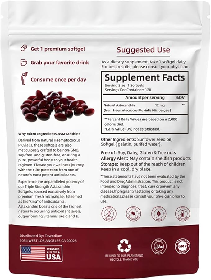 Astaxanthin Softgels 12mg, Microalgae Extracts - Triple Strength 120 Softgels Dietary Supplement | Tanning Pills, Non-synthetic, Allergen-free, Supports Eye, Joint, Internal Circulation Health
