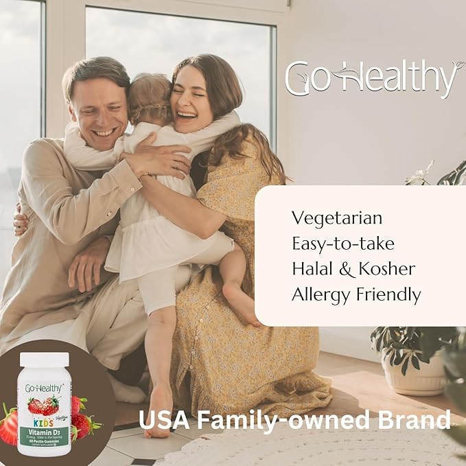 Go Healthy Kids Vitamin D Gummies – Toddler & Children's Chewable Supplement, Growth & Immune Support – Kosher, Halal, Non-GMO, Gluten-Free, Delicious Fruit Flavor - 60 Servings