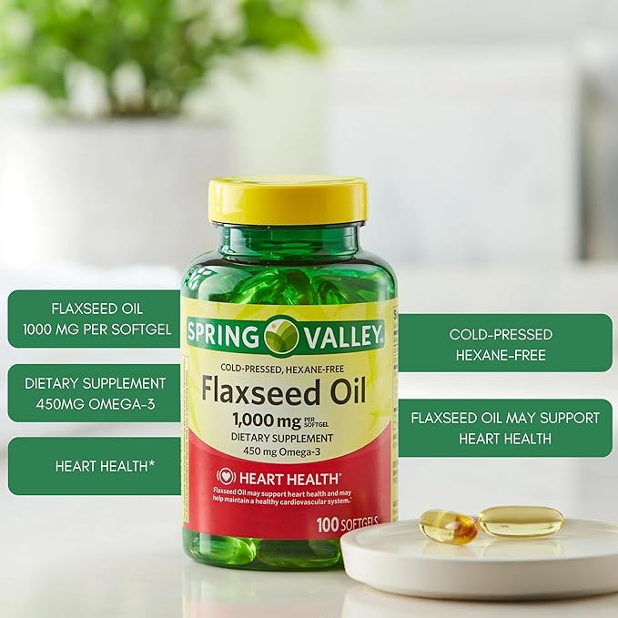 Flaxseed Oil Softgels - Vegan Omega 3,6 and 9 Dietary Supplement - Flaxseed 1000mg Softgels per Serving - Flax Seed Oil Pills by Spring Valley 100 Count (Pack of 1)