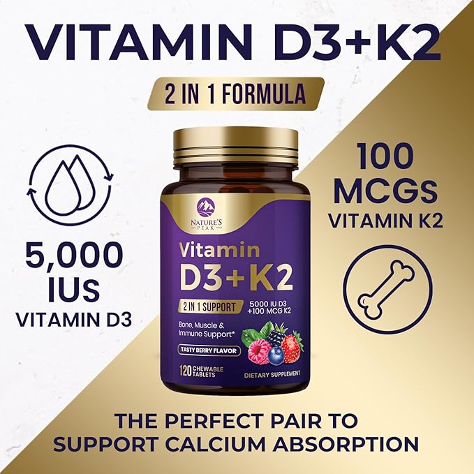 Vitamin D3 5000 iu Plus K2 (MK-7) 100 mcg - 2 in 1 Vitamins D & K Complex - Supports Calcium Absorption, Bone, Immune, & Heart Health – Made in the USA, Non-GMO, Easy to Swallow, 120 Chewable Tablets