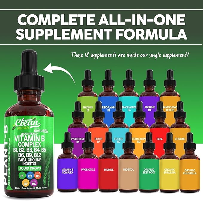 Vitamin B Complex Liquid Drops | Thiamine B1, B6, B2, B3, B4, B5, B7 B9, B12, Niacinamide, Paba, Choline Inositol Taurine Probiotics Beet Root Spirulina - Plant-B Vitamin Supplements - Clean Nutra (2)