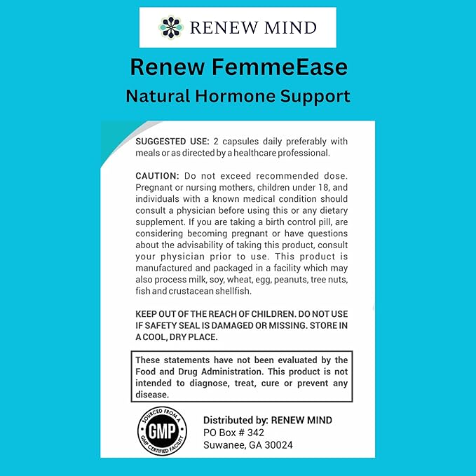 Renew FemmeEase – Hormone Balance Support Supplement for Women | with Black Cohosh, Dong Quai, Chasteberry & Wild Yam | Halal Certified | 60 Vegan Capsules