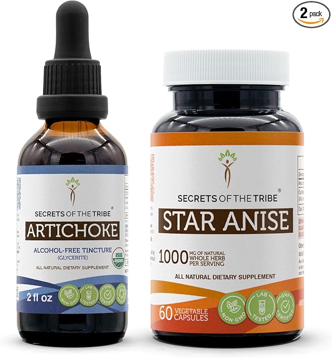Artichoke USDA Organic and Star Anise Capsules (2 pcs.) | Alcohol-Free Organic Artichoke (Cynara scolymus) Dried Leaf 2 oz and 1000 mg Star Anise (Illicium verum) Dried Seed (60 Capsules)