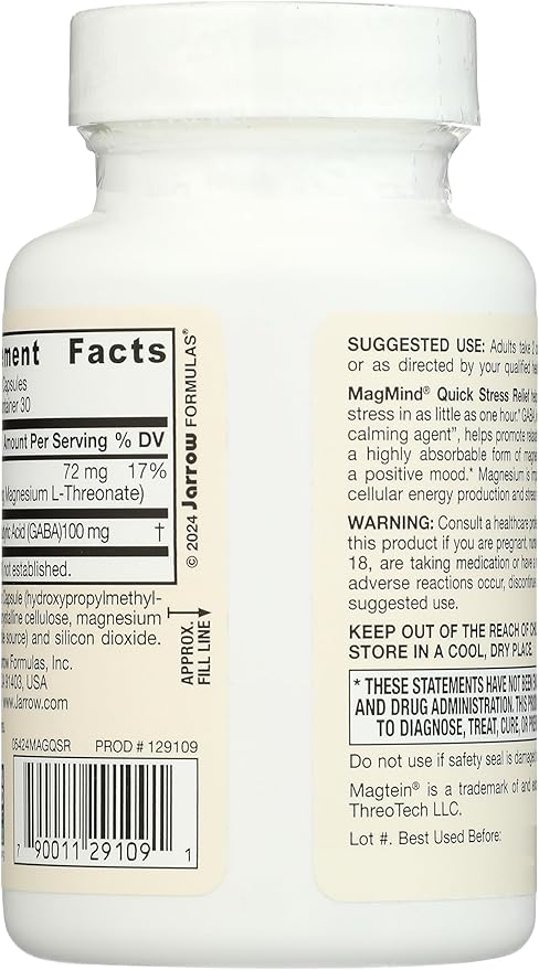 Jarrow Formulas Magnesium L-Threonate, MagMind Quick Stress Relief, Dietary Supplement Featuring GABA, 60 Capsules, Up to a 30 Day Supply