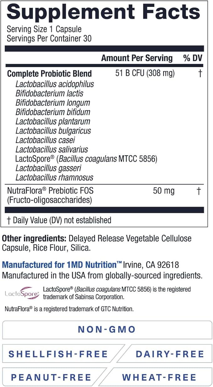 1MD Complete Probiotics Platinum | Supports Digestive Health | with Nourishing Prebiotics, 51 Billion Live CFU, 11 Strains, Dairy-Free | 30 Vegetable Capsules (3-Pack)