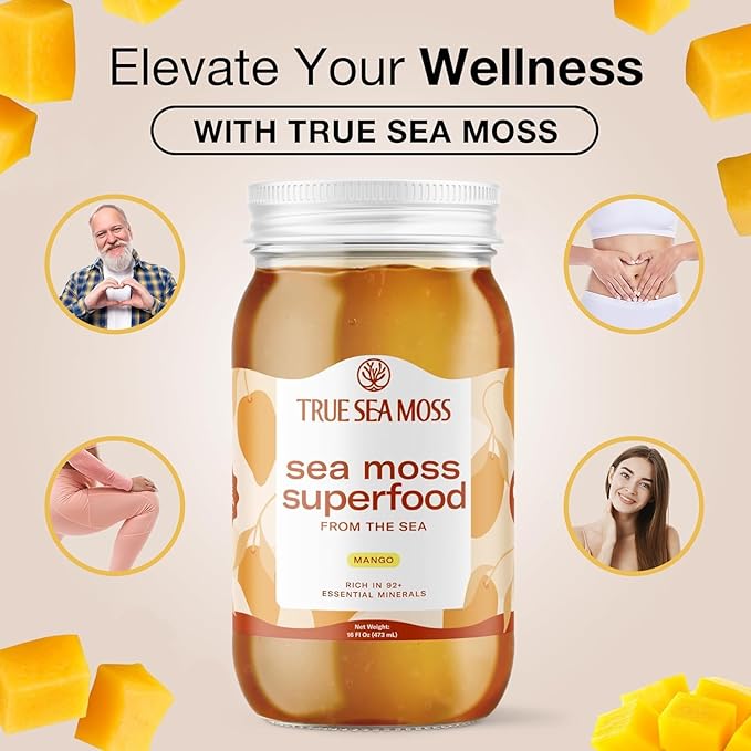 TrueSeaMoss Sea Moss Gel – Made in USA – Wildcrafted Seamoss, Fresh Fruits & Sea Vegetables – Mango, Pack of 5 (Labels may Vary)
