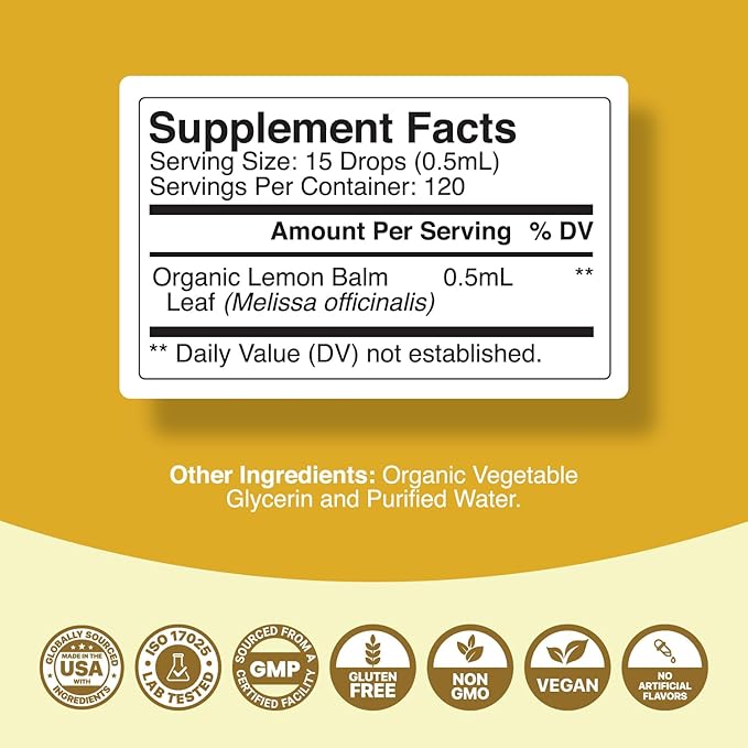 Phytoral Organic Lemon Balm Leaf Liquid Extract for Immune Support - Lemon Balm Tincture for Mood & Relaxation Support - Organic Tincture Leaf Drops for Adults & Kids Dietary Supplement - 60 ml