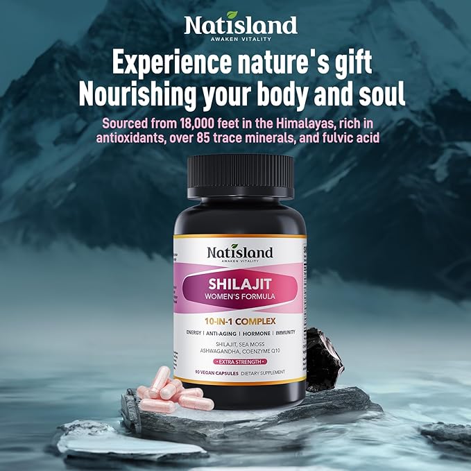 Shilajit for Women, Pure Himalayan Shilajit with Ashwagandha, Sea Moss, Coenzyme Q10, Energy & Immune Support, Anti-Aging & Wellness Support, Vegan, 90 Count, Natural Trace Minerals & Fulvic Acid