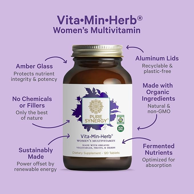 PURE SYNERGY Vita·Min·Herb for Women | Women’s Comprehensive Multivitamin Supplement | Made with Organic Whole Food Non-GMO & Vegan Ingredients | Supports Energy & Immune Health (120 Tablets)