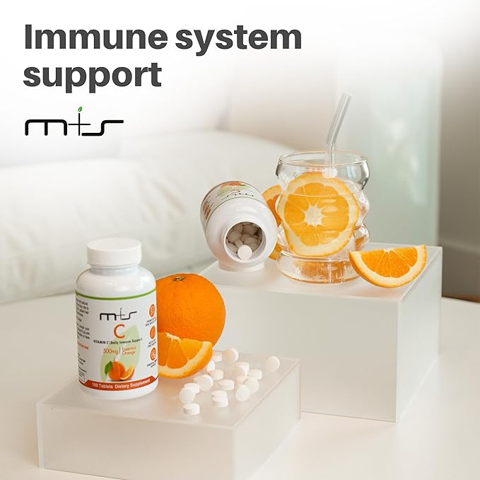 M+S Vitamin C Tablet 500mg for Women and Men – Supports a Healthy Immune System, Promotes Hair, Skin, Nails and Joints – Vegan, Sugar Free, Non-GMO – Orange Flavor (100 Tablets)